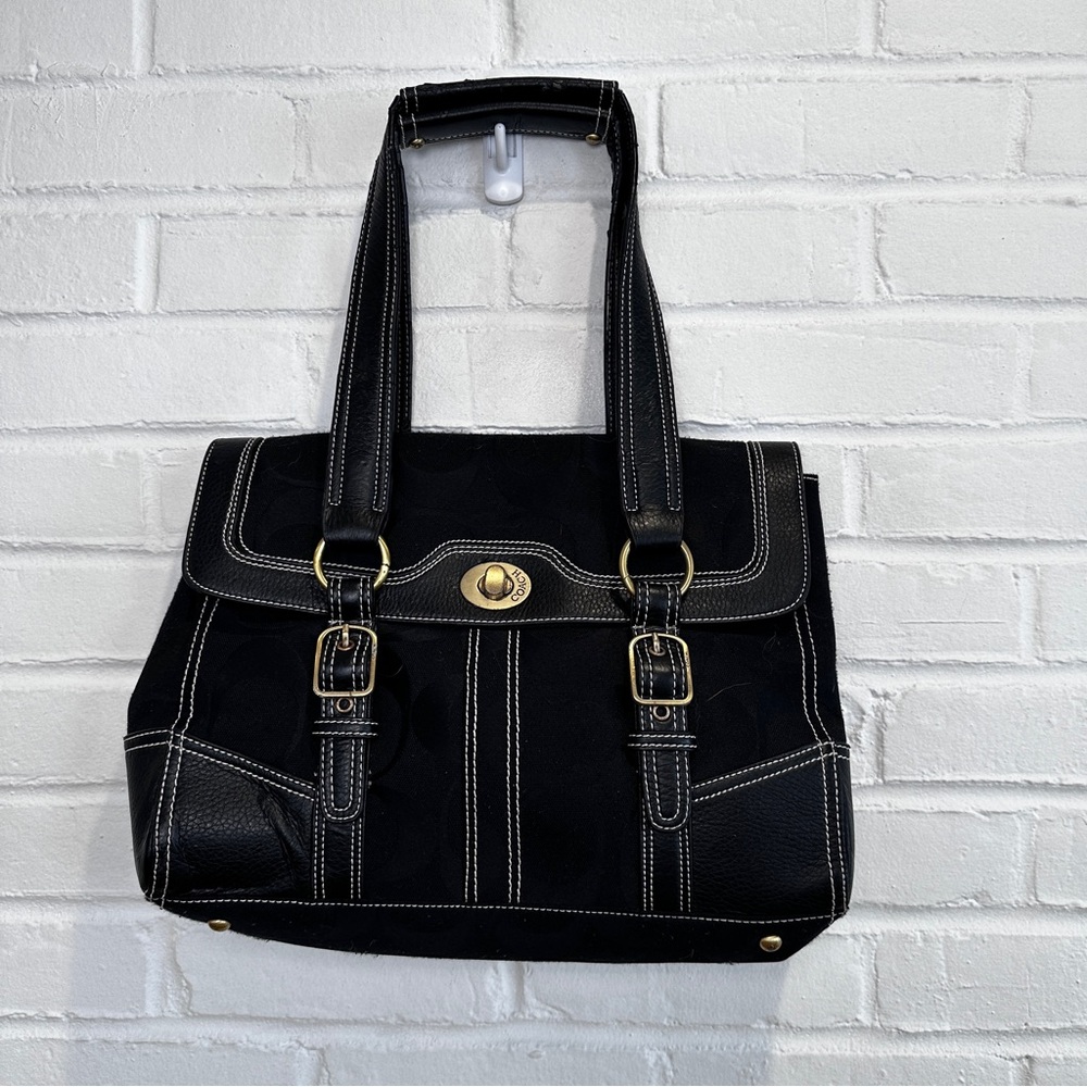 Coach Hampton Flap Handbag Black Signature Jacquard H0726-11061